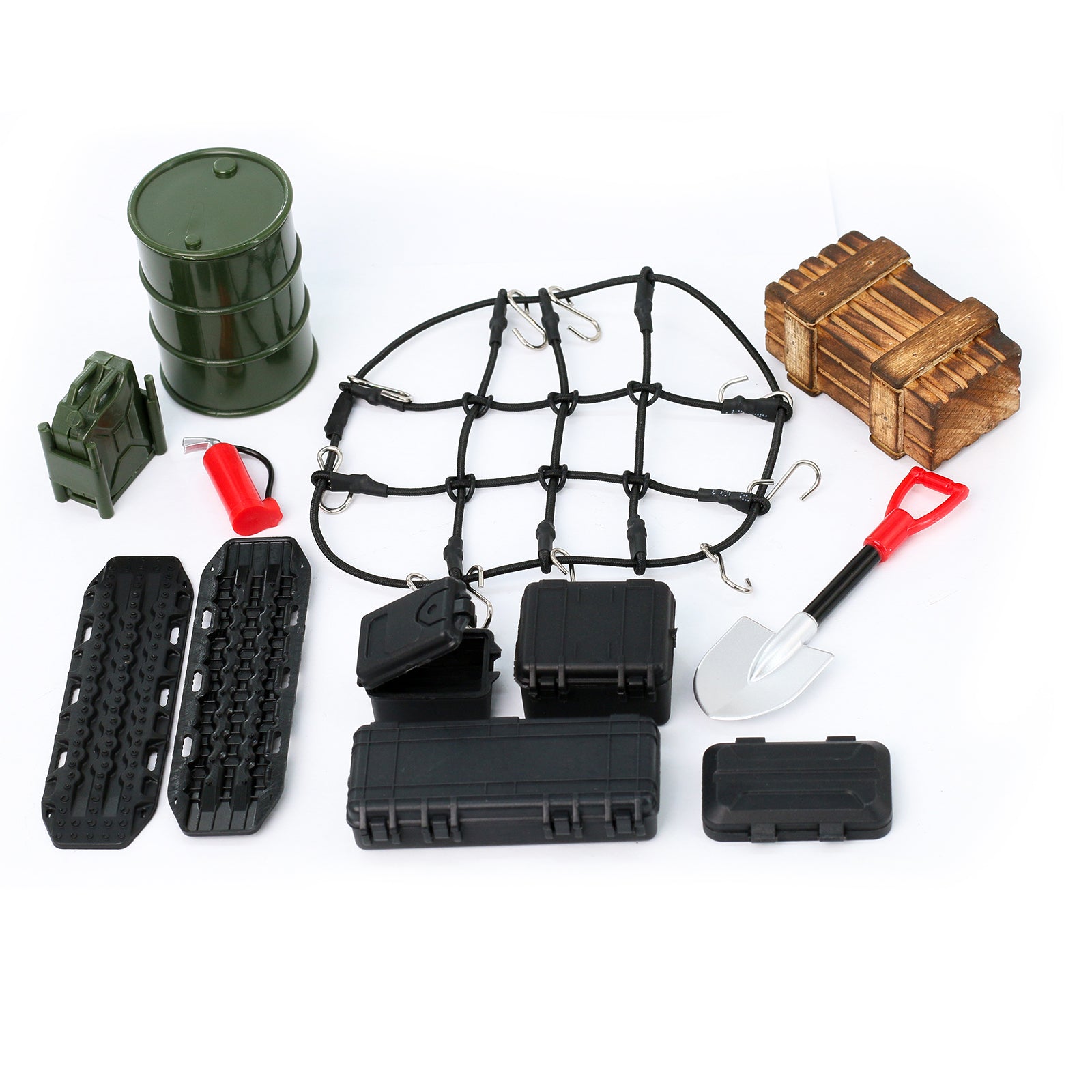 1/18 1/24 Roof Decoration Simulation Parts for TRX4-M SCX24 Universal (Luggage Net, Escape Board, Wooden Box, Fuel Tank, Oil Drum, Shovel, Fire Extinguisher, Suitcase)